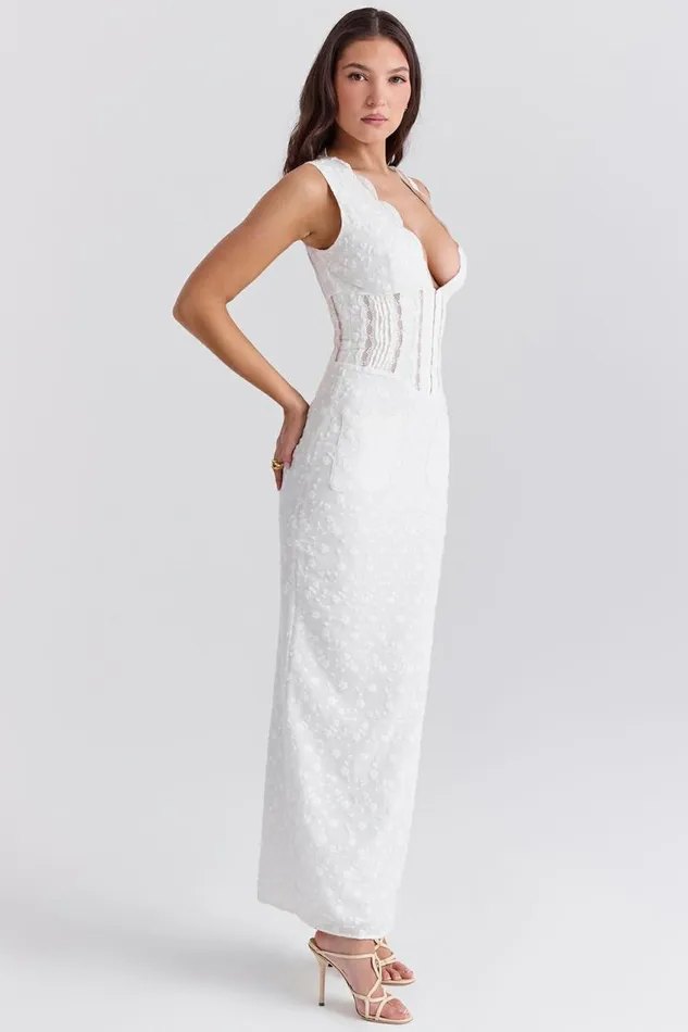 Women Sophina White Cotton Broderie Anglais Plunge Maxi Dress House Of CB Dresses Women Sophina White Cotton Broderie Anglais Plunge Maxi Dress House Of CB Dresses