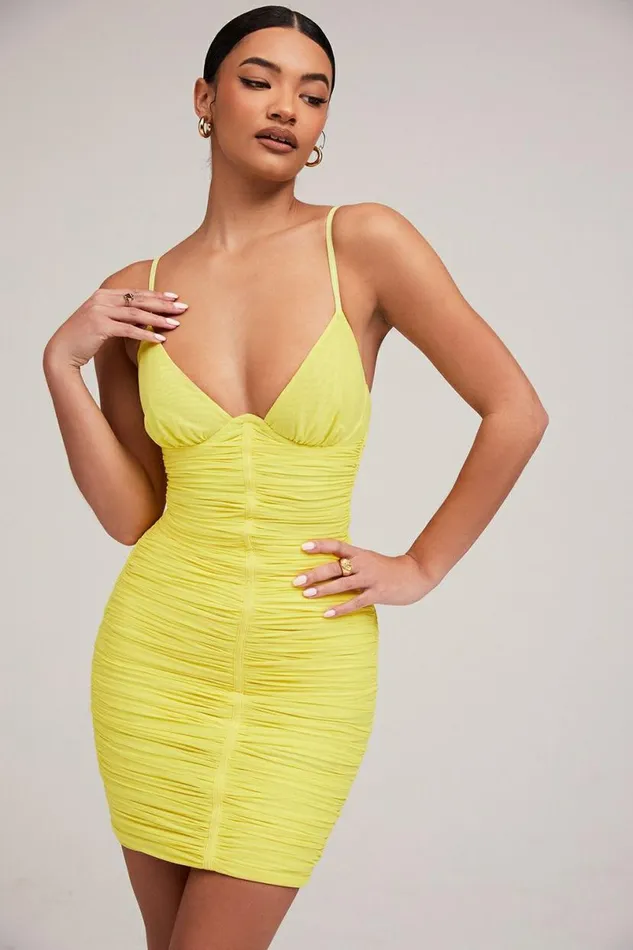 Women SPOTLIGHT MISTRESS ROCKS LEMON PLUNGE MESH DRESS House Of CB Dresses