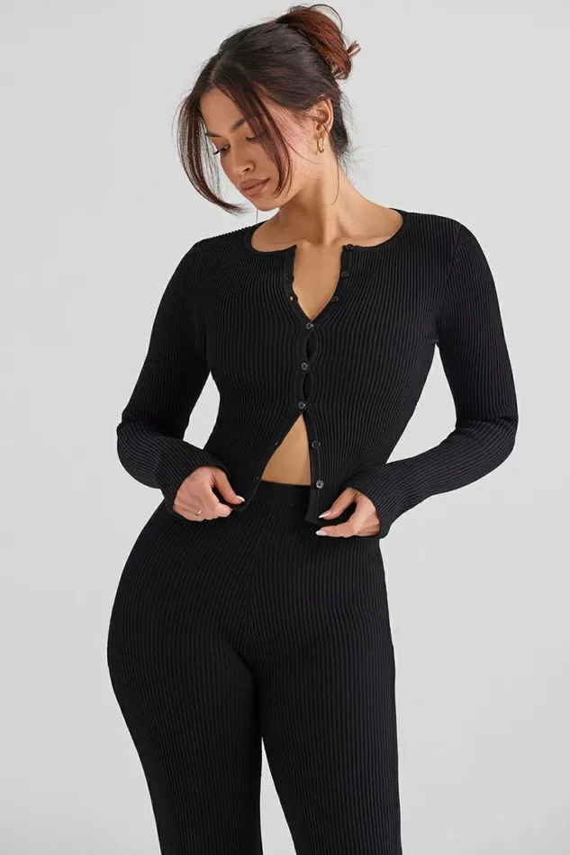 Women Sylvia Black Ribbed Knit Cardigan House Of CB Tops Women Sylvia Black Ribbed Knit Cardigan House Of CB Tops