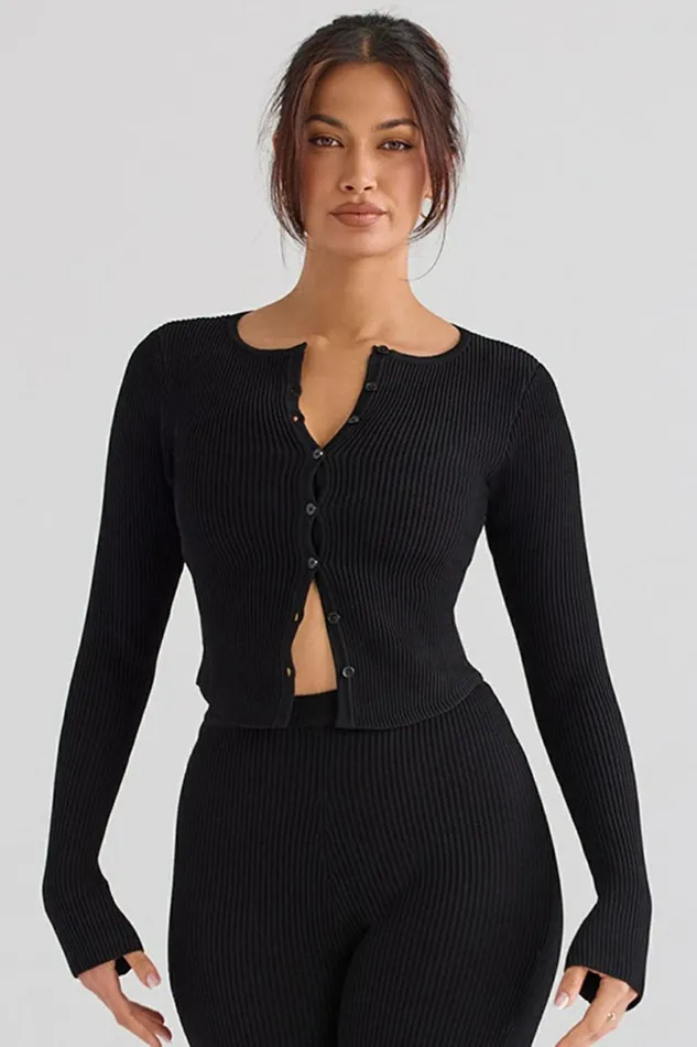 Women Sylvia Black Ribbed Knit Cardigan House Of CB Tops Women Sylvia Black Ribbed Knit Cardigan House Of CB Tops