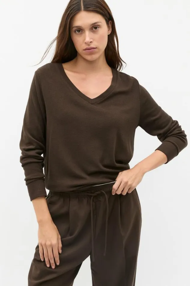 Women TShirts and Tops Seed Heritage Supersoft Waffle V Neck Top Dark Espresso