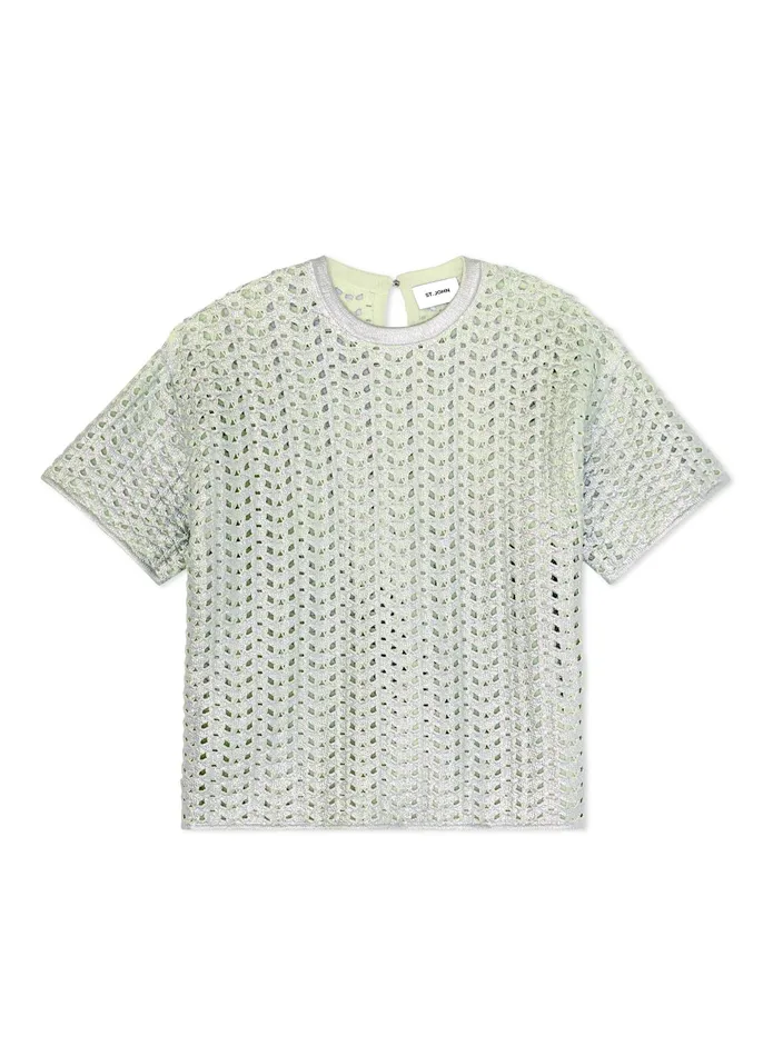 Women Tops and Shells St John Lacquered Crochet Knit Top Pale Lime