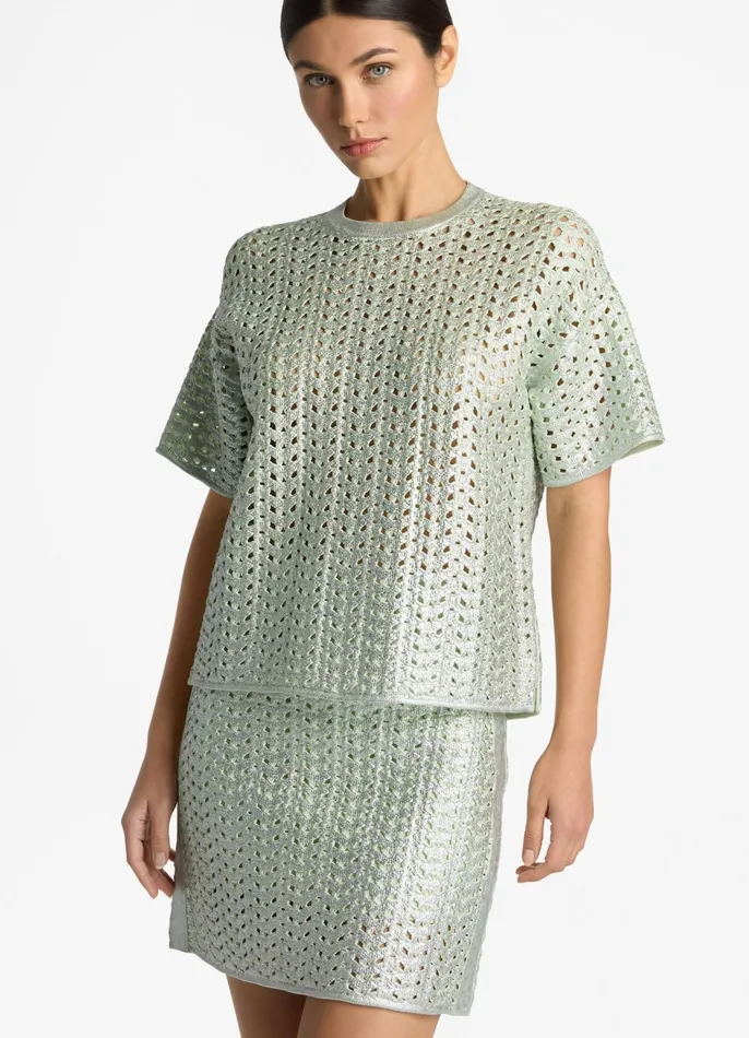 Women Tops and Shells St John Lacquered Crochet Knit Top Pale Lime Women Tops and Shells St John Lacquered Crochet Knit Top Pale Lime