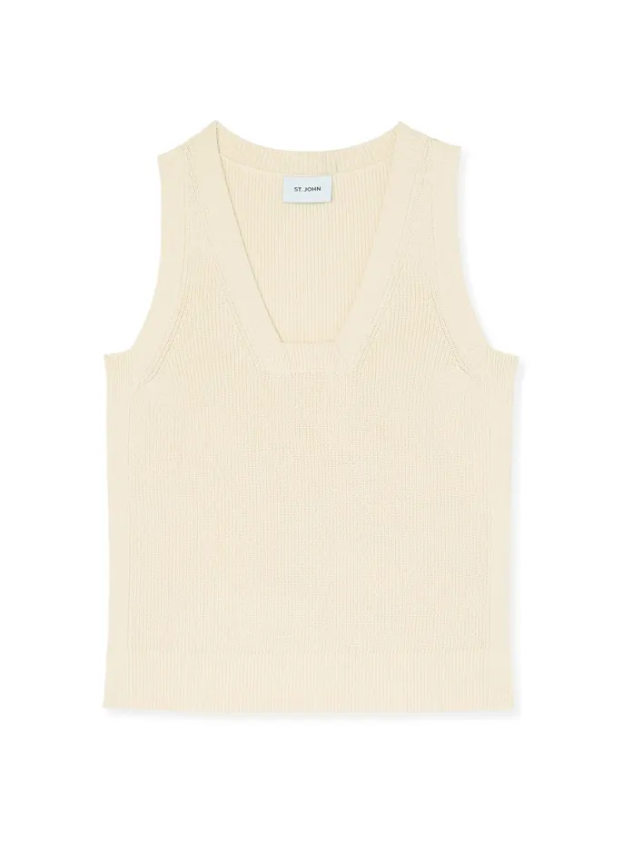 Women Tops and Shells St John Stretch Rib Square Neck Shell Ecru
