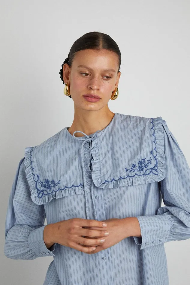 Women Tops Damson Madder Nordine Square Collar Blouse 8211 Blue Stripe