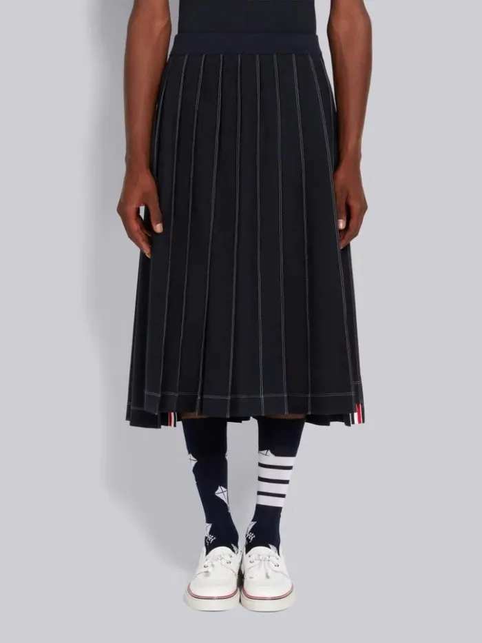 Wool Tech Milano Contrast Stitch Pleated Knee Length Skirt Navy Men Thom Browne Trousers Wool Tech Milano Contrast Stitch Pleated Knee Length Skirt Navy Men Thom Browne Trousers