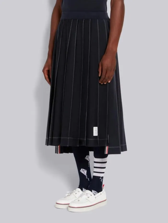 Wool Tech Milano Contrast Stitch Pleated Knee Length Skirt Navy Men Thom Browne Trousers