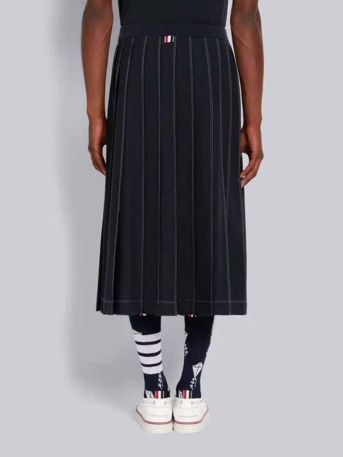 Wool Tech Milano Contrast Stitch Pleated Knee Length Skirt Navy Men Thom Browne Trousers