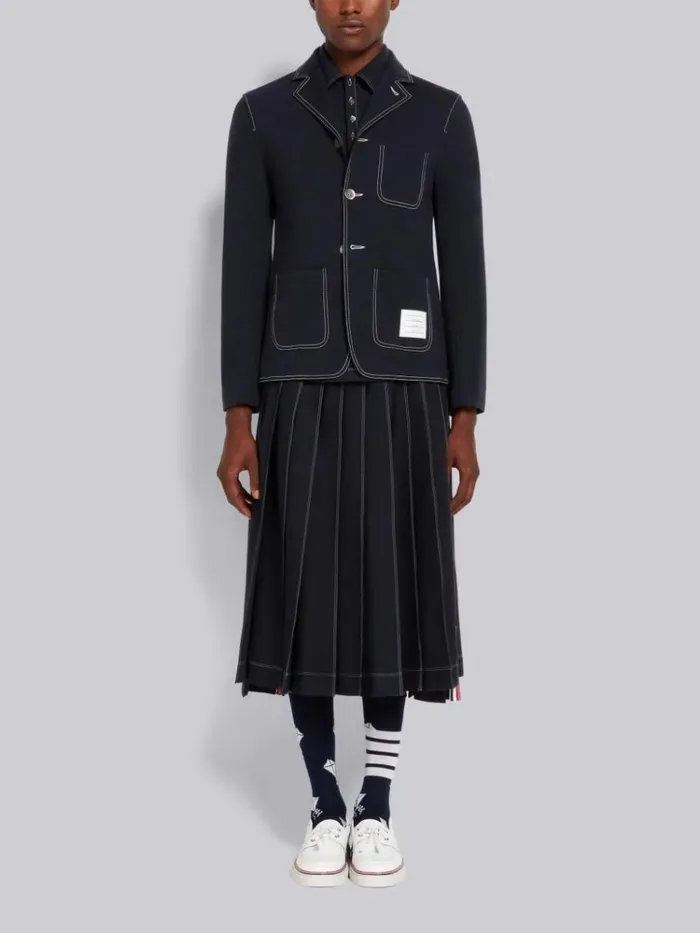 Wool Tech Milano Contrast Stitch Pleated Knee Length Skirt Navy Men Thom Browne Trousers