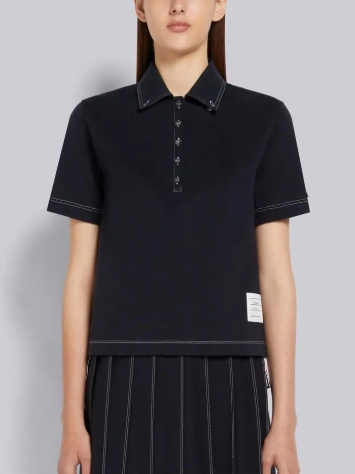 Wool Tech Milano Contrast Stitch Short Sleeve Polo Navy Women Thom Browne Tshirts and Polos Wool Tech Milano Contrast Stitch Short Sleeve Polo Navy Women Thom Browne Tshirts and Polos