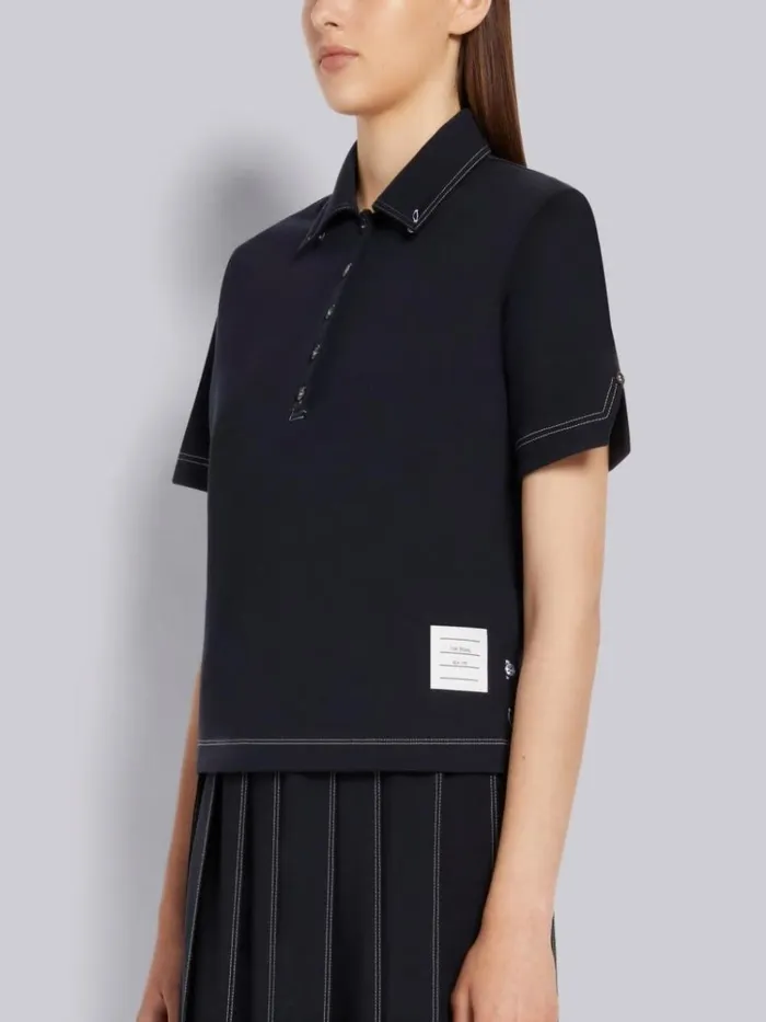 Wool Tech Milano Contrast Stitch Short Sleeve Polo Navy Women Thom Browne Tshirts and Polos