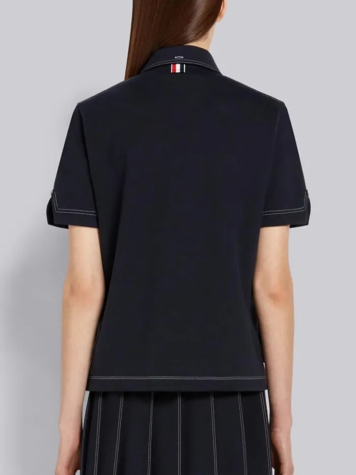 Wool Tech Milano Contrast Stitch Short Sleeve Polo Navy Women Thom Browne Tshirts and Polos