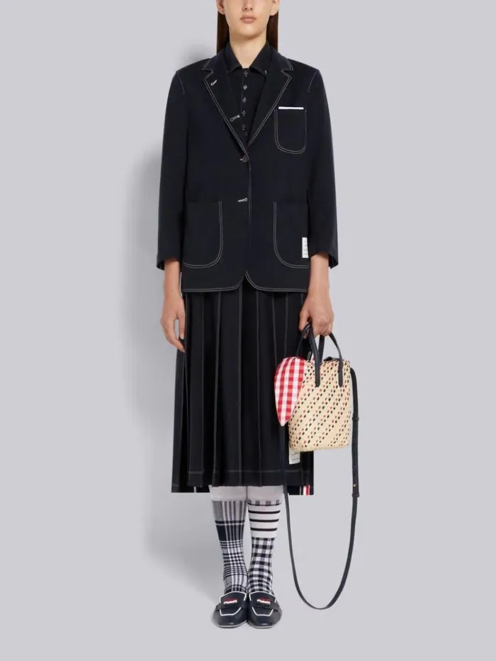 Wool Tech Milano Contrast Stitch Short Sleeve Polo Navy Women Thom Browne Tshirts and Polos