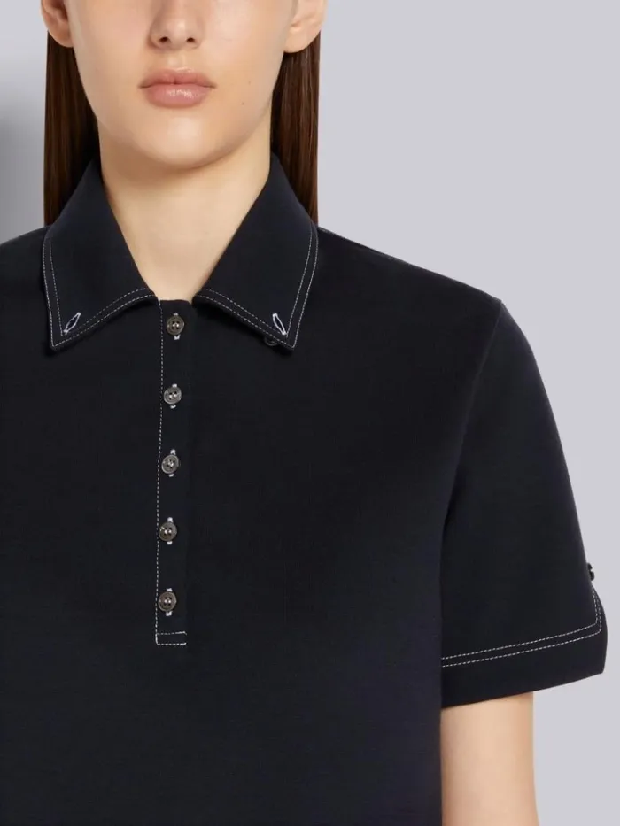 Wool Tech Milano Contrast Stitch Short Sleeve Polo Navy Women Thom Browne Tshirts and Polos