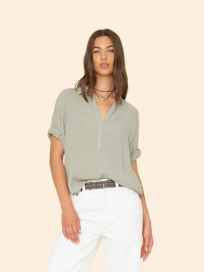 XRENA Tops Women Aqua Grey Cruz Top