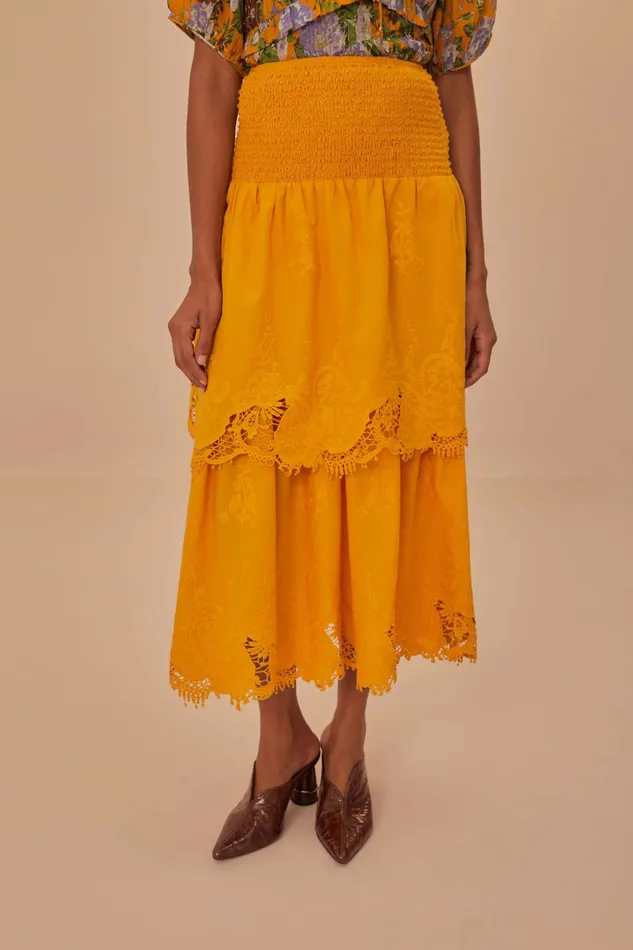 Yellow Mustard Tiered Lace Midi Skirt Women FARM Rio Skirts Yellow Mustard Tiered Lace Midi Skirt Women FARM Rio Skirts