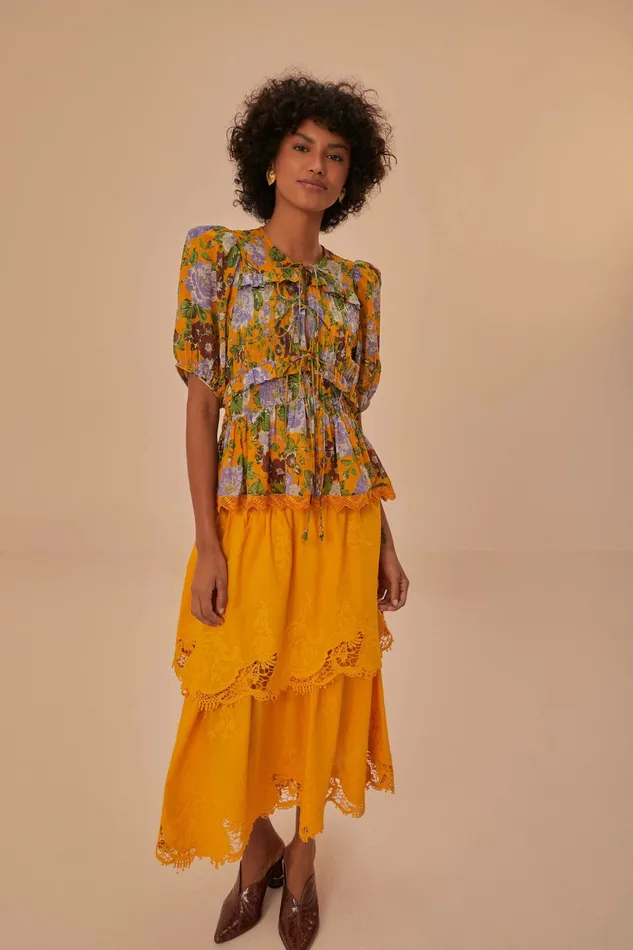 Yellow Mustard Tiered Lace Midi Skirt Women FARM Rio Skirts Yellow Mustard Tiered Lace Midi Skirt Women FARM Rio Skirts