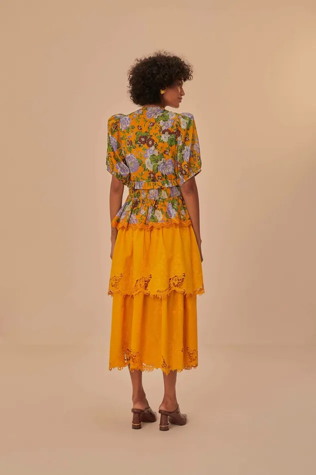 Yellow Mustard Tiered Lace Midi Skirt Women FARM Rio Skirts Yellow Mustard Tiered Lace Midi Skirt Women FARM Rio Skirts