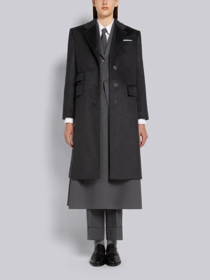 Zibeline Finish Coat Weight Cashmere Single Vent Overcoat Dark Grey Women Thom Browne Outerwear